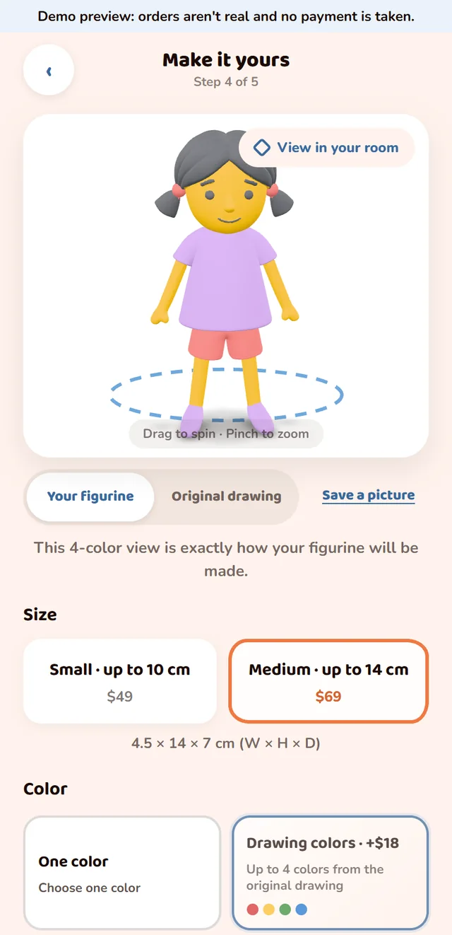 Tinkr Doodles on a phone: a four-colour 3D figurine of a girl in a purple shirt, with size and colour options below.