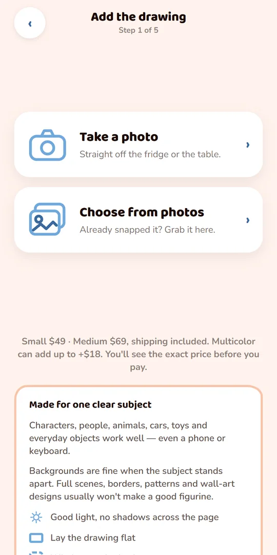 Upload screen with options to take a photo or choose one from the library.