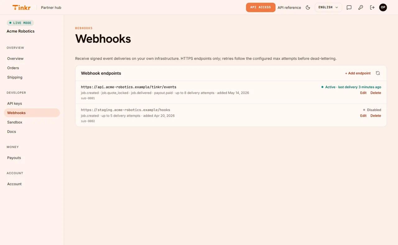 パートナーのウェブフック送信先一覧。購読中のイベント、配信の試行回数、状態を表示しています。